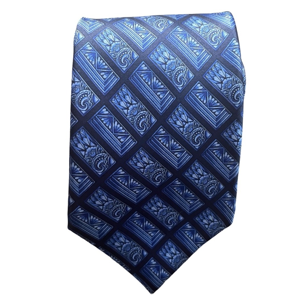 Lanvin Paris Mens Silk Tie‎ Blue Geometric Art Deco Paisley Made in France
